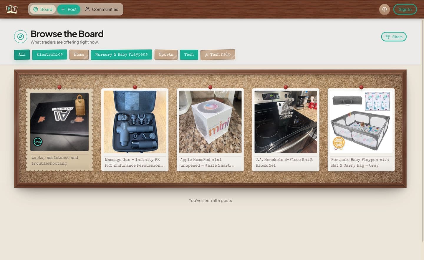 The FaciliTrades board showing real items currently posted for trade