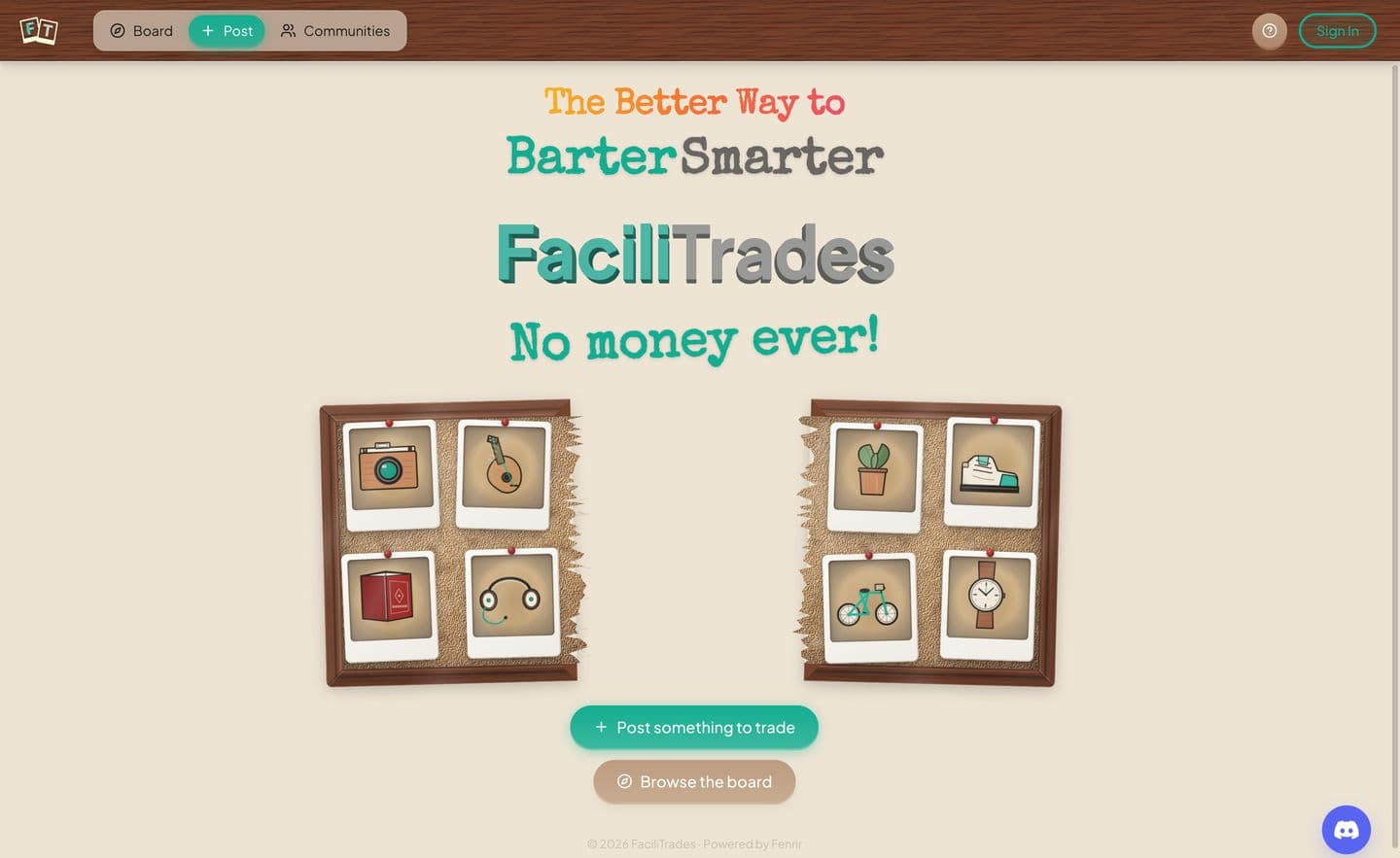 The FaciliTrades landing page, inviting a visitor to post something to trade or browse the board